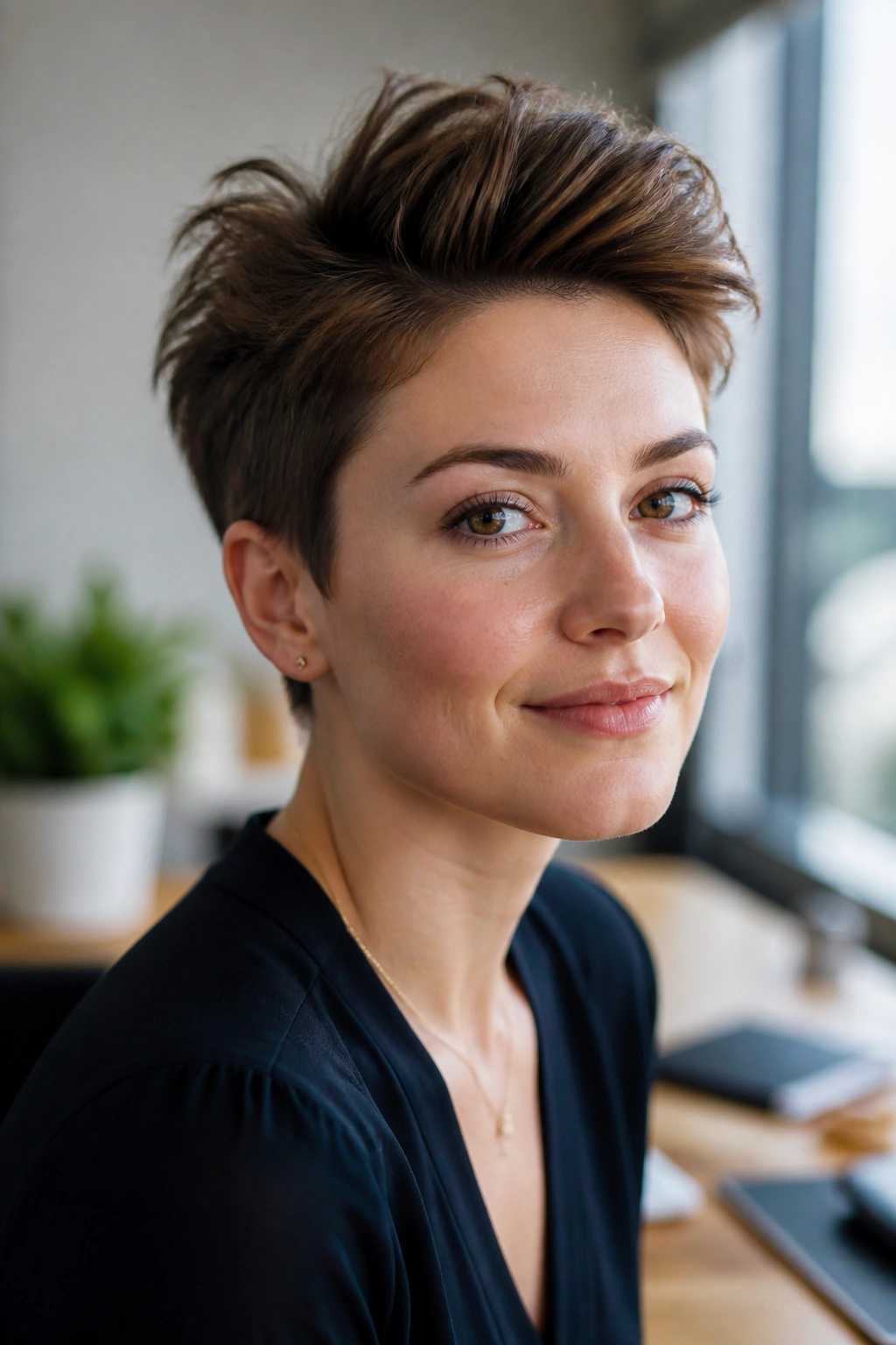 Close-up of a real woman with a pixie haircut and lifted crown in an office setting