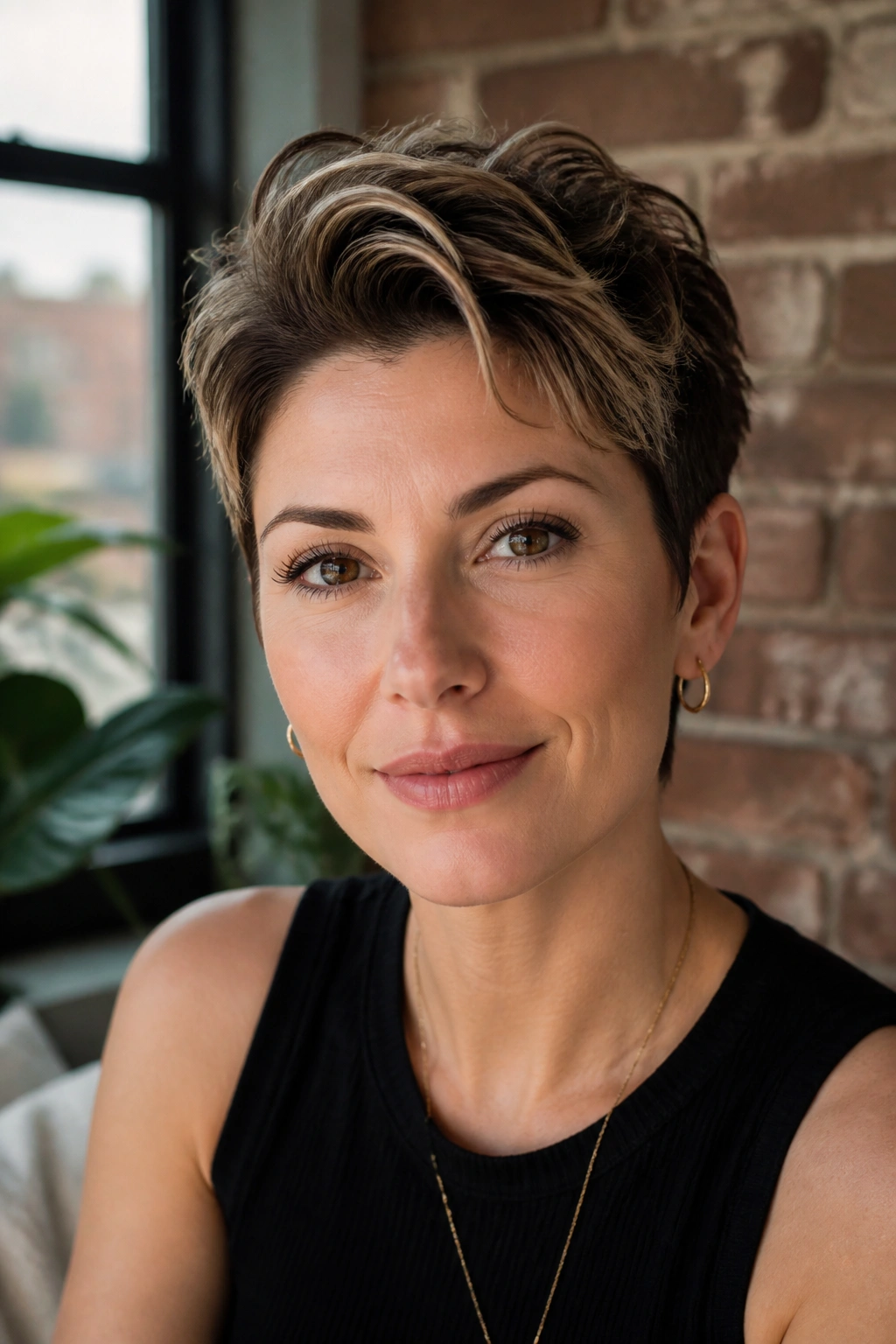 Close-up portrait of a real woman with a cropped pixie and lifted crown