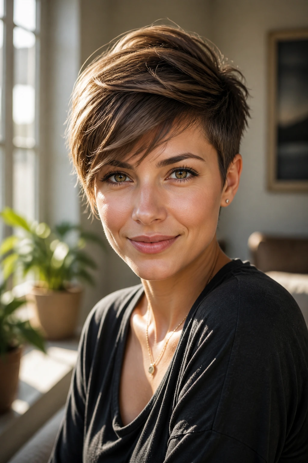Portrait of person with side-swept pixie crown lift.