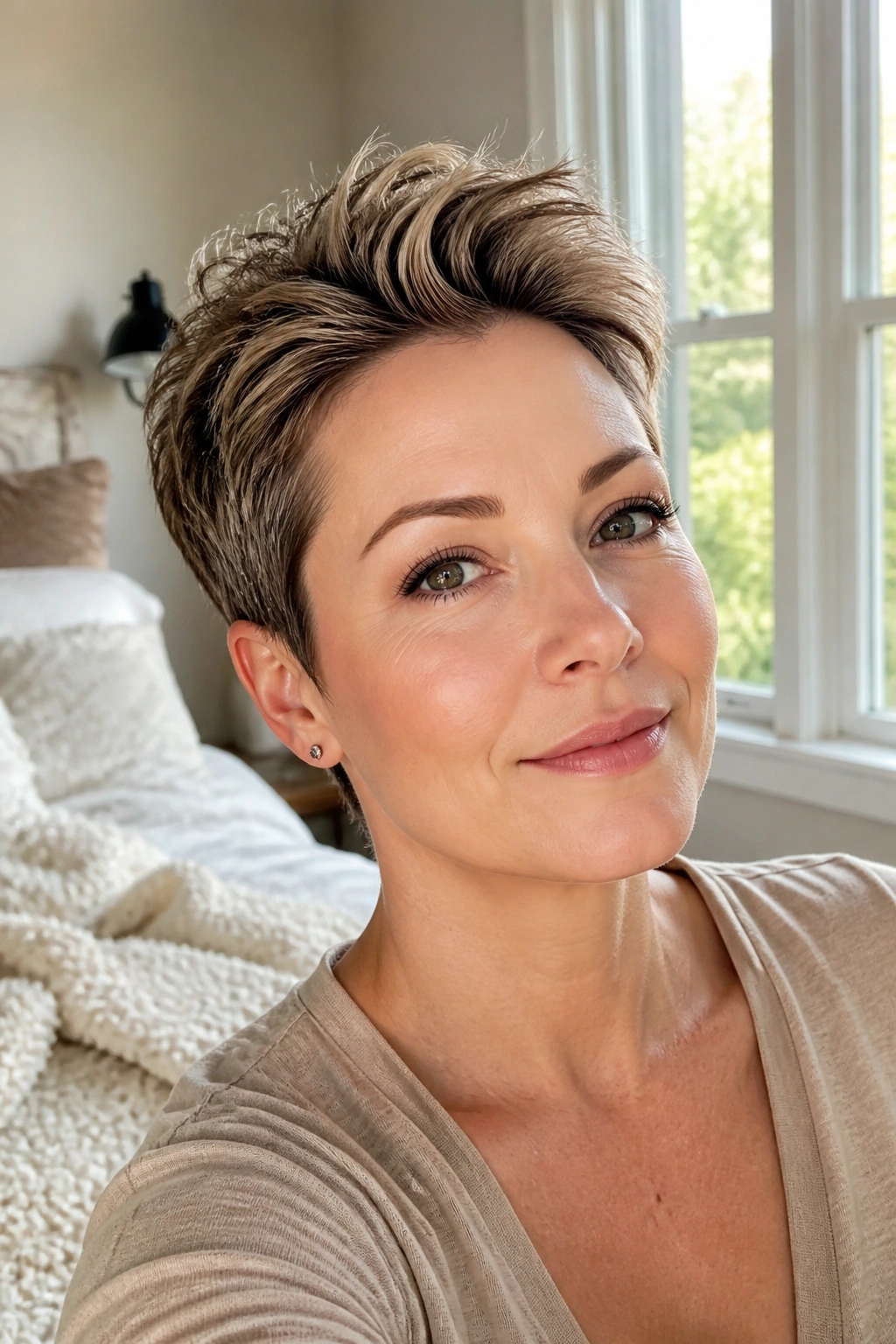Portrait of a woman with crown-lifted pixie showing lifted crown and tapered sides