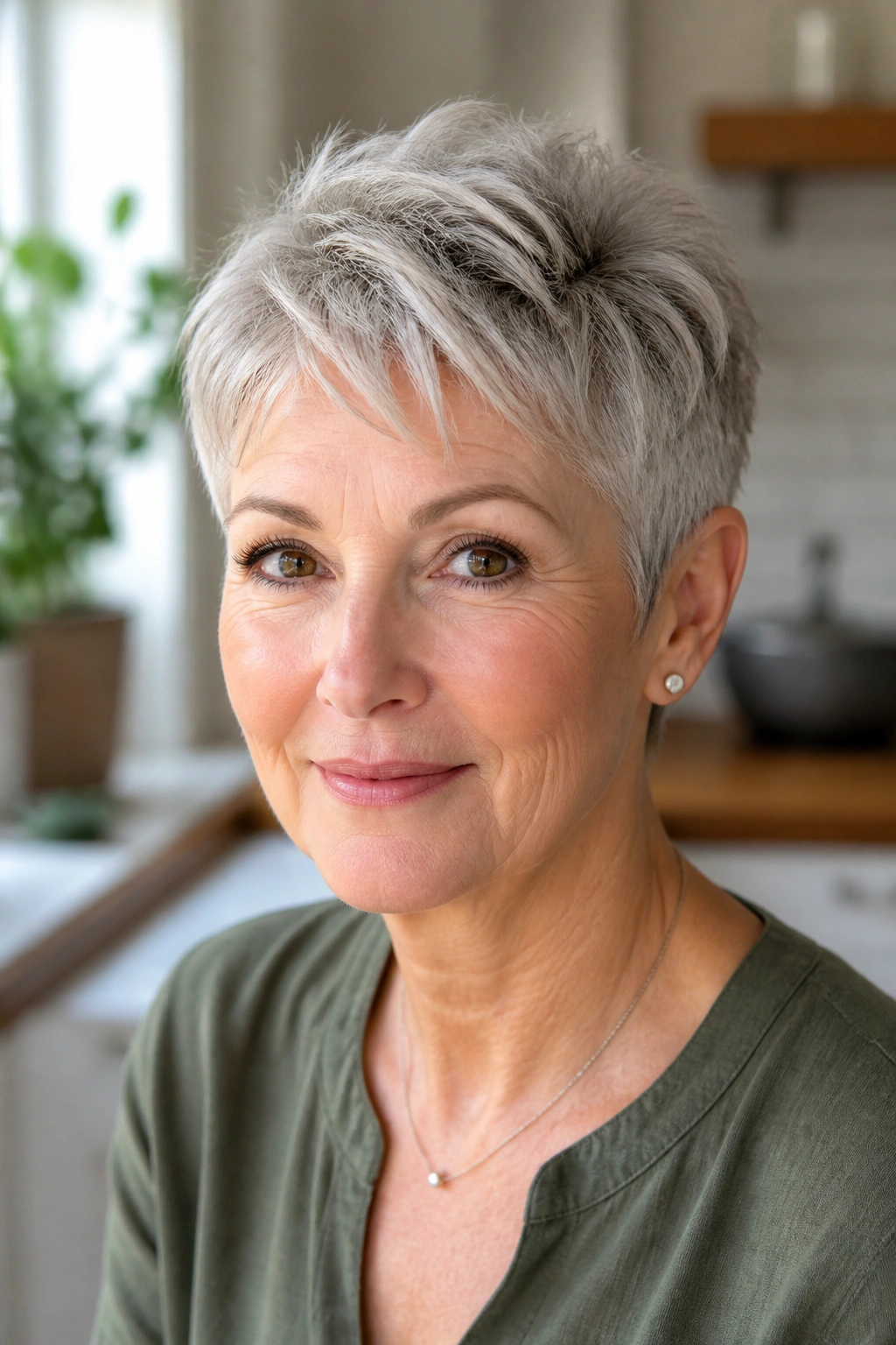 Close-up portrait of a real woman with an airy pixie and silver crown