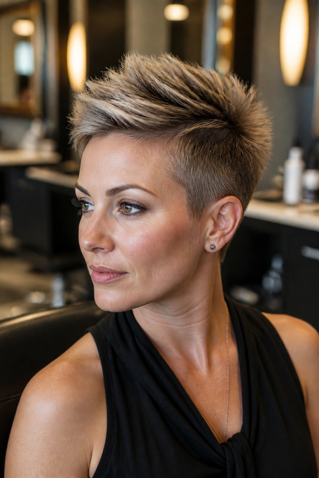 Close-up portrait of a real person with a tapered crown pixie and close sides, showcasing crown lift.