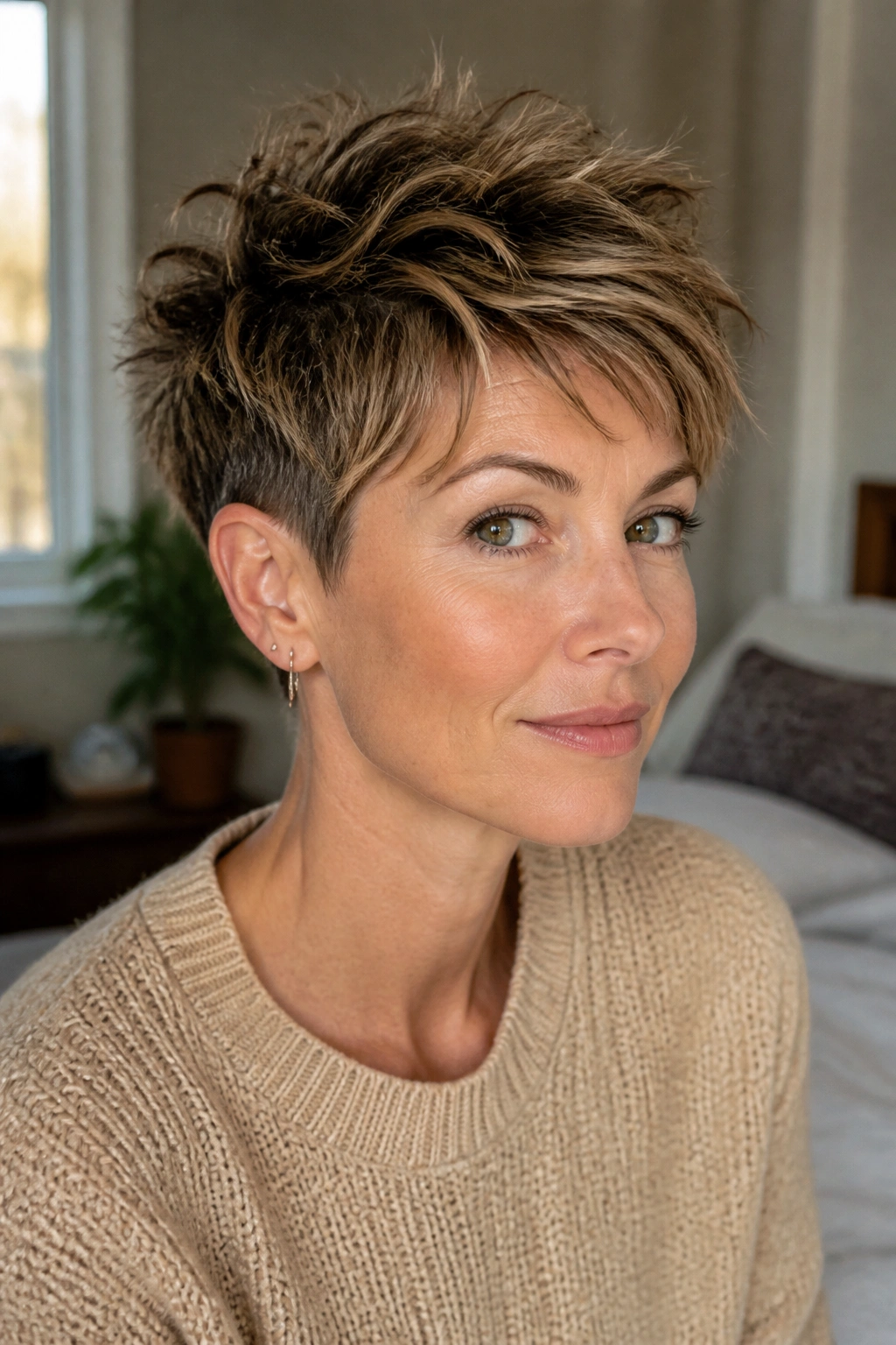Close-up portrait of a real woman with a messy pixie cut featuring a choppy crown, in a cozy bedroom with natural window light