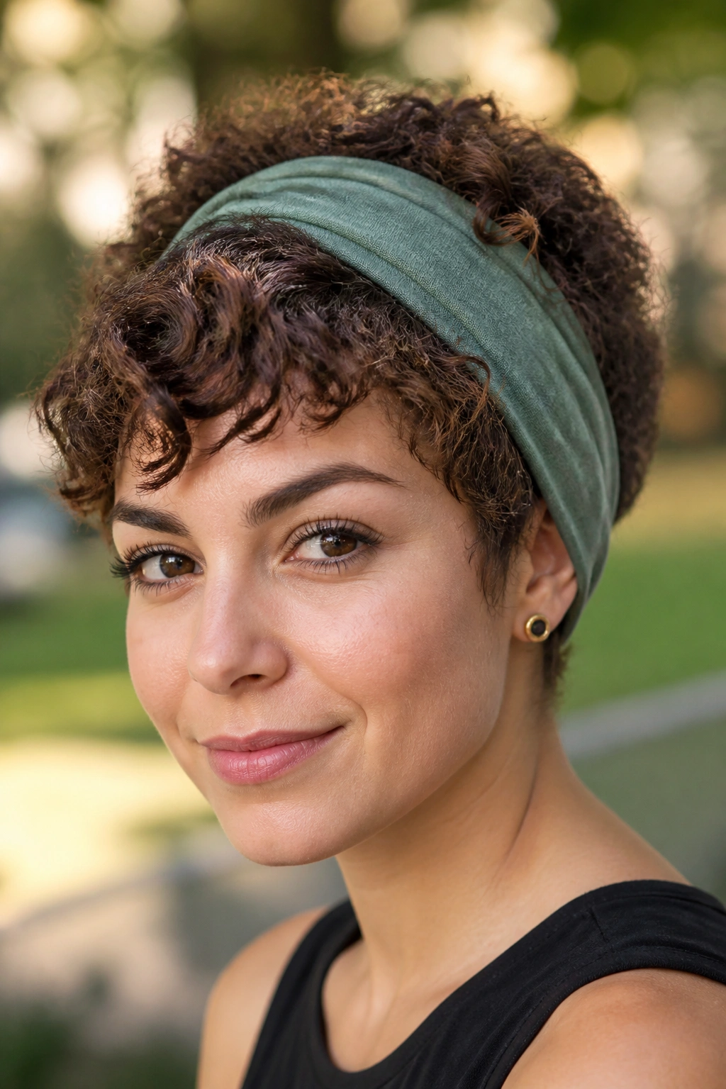 Close-up of a real woman with curly pixie and wide stretch headband outdoors in soft sunlight