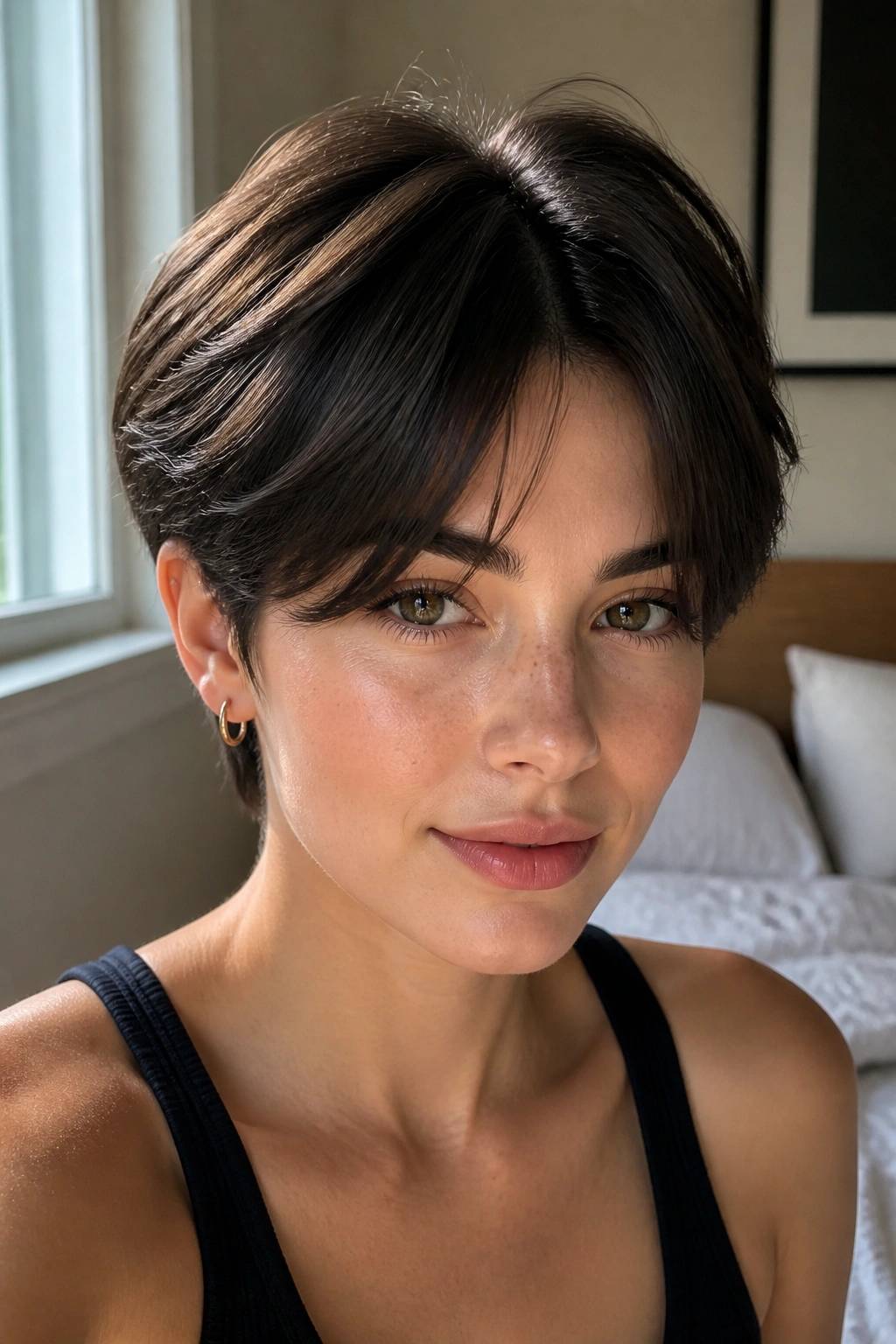 Close-up portrait of a real person with curtain bangs and a soft part in a pixie haircut.