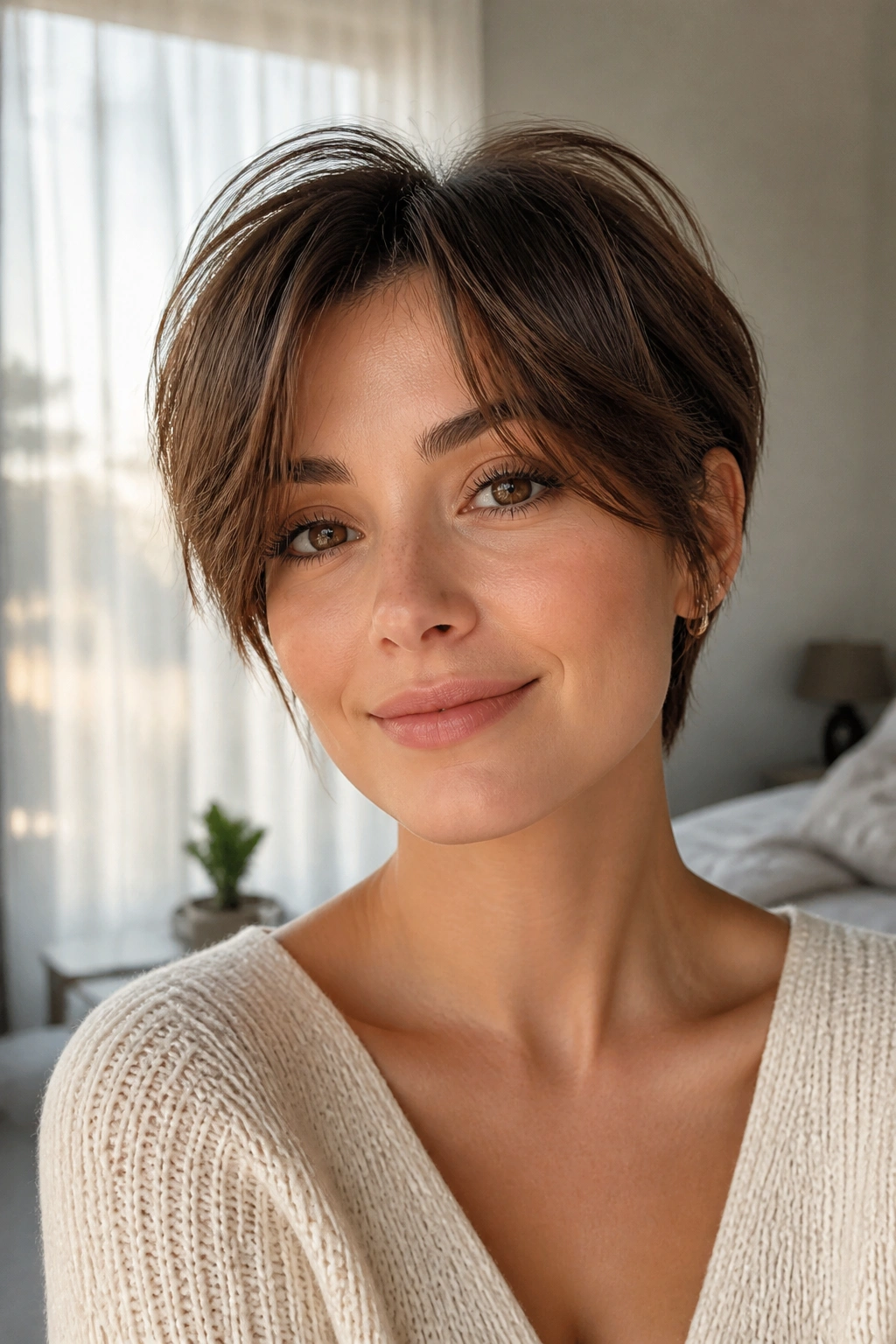 Portrait of woman with curtain bangs on a long pixie, soft framing