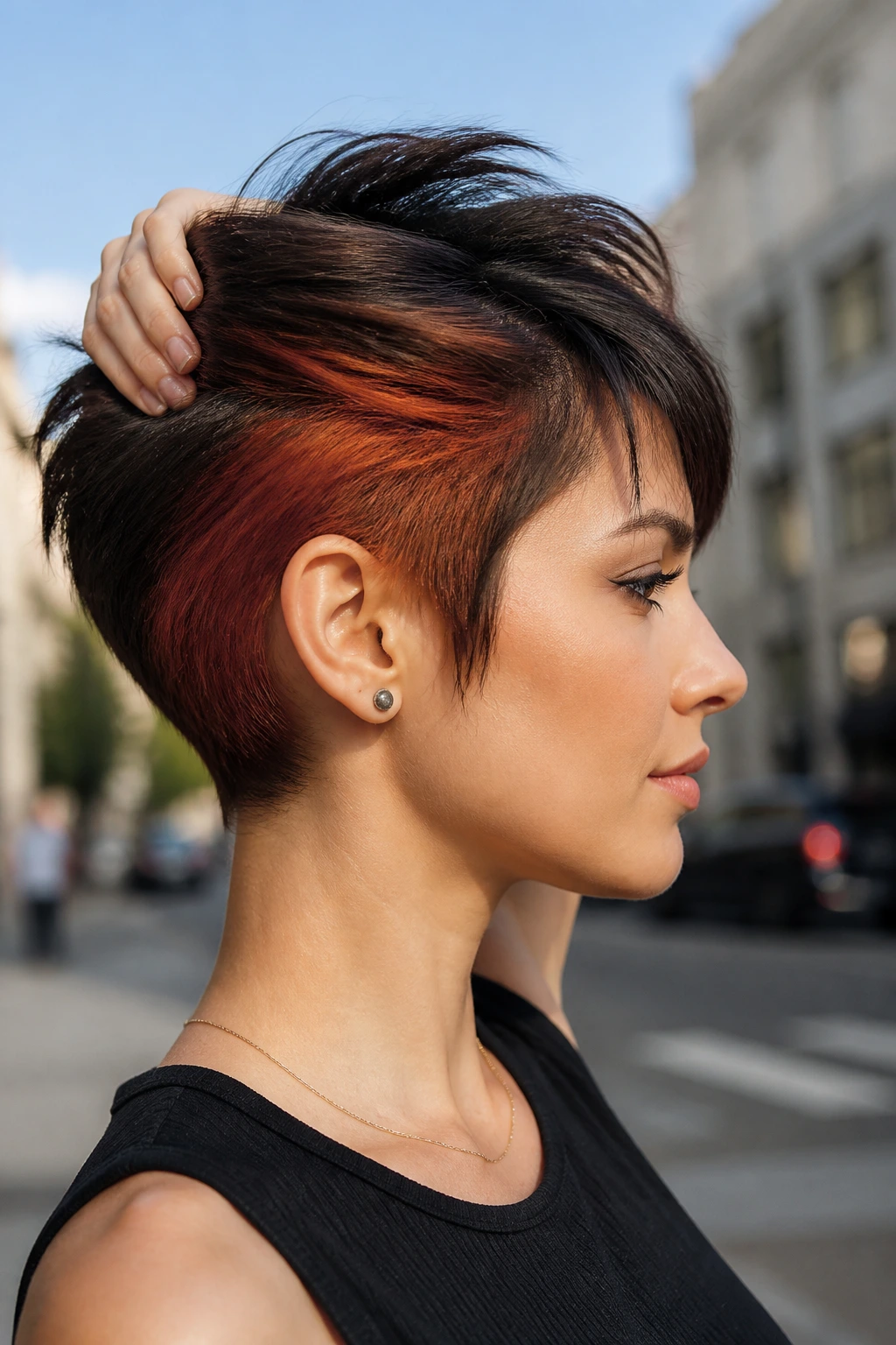 Close-up of a real person with auburn peekaboo panels on a pixie.