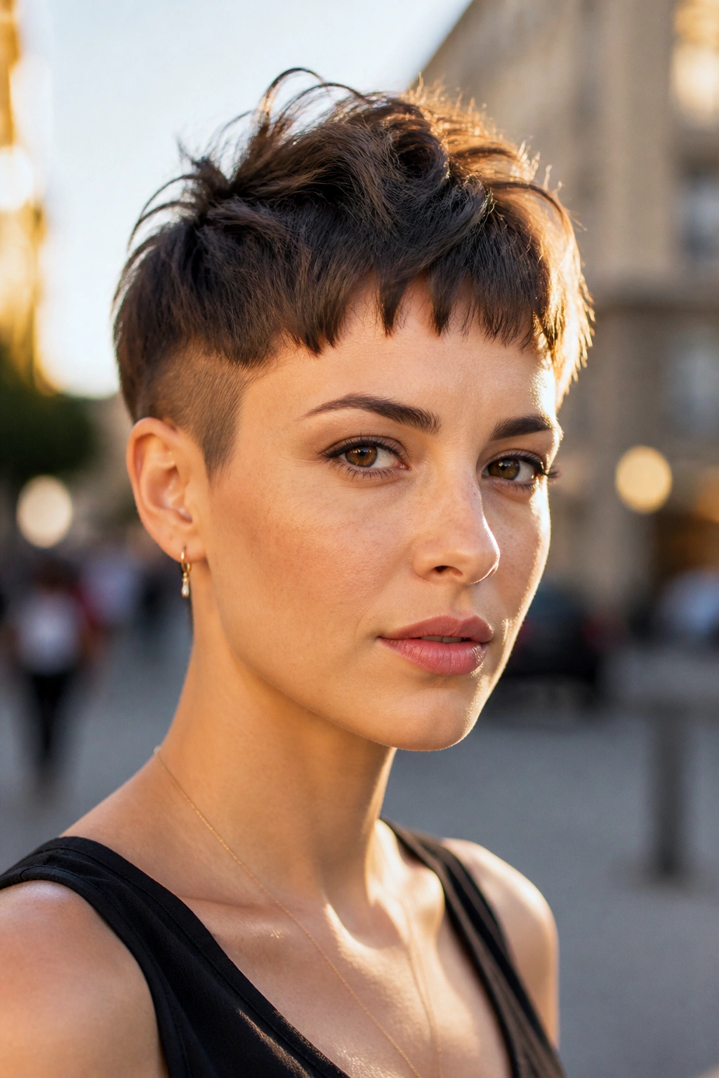 Close-up of real woman with a disconnected pixie and short bangs on a sunny street