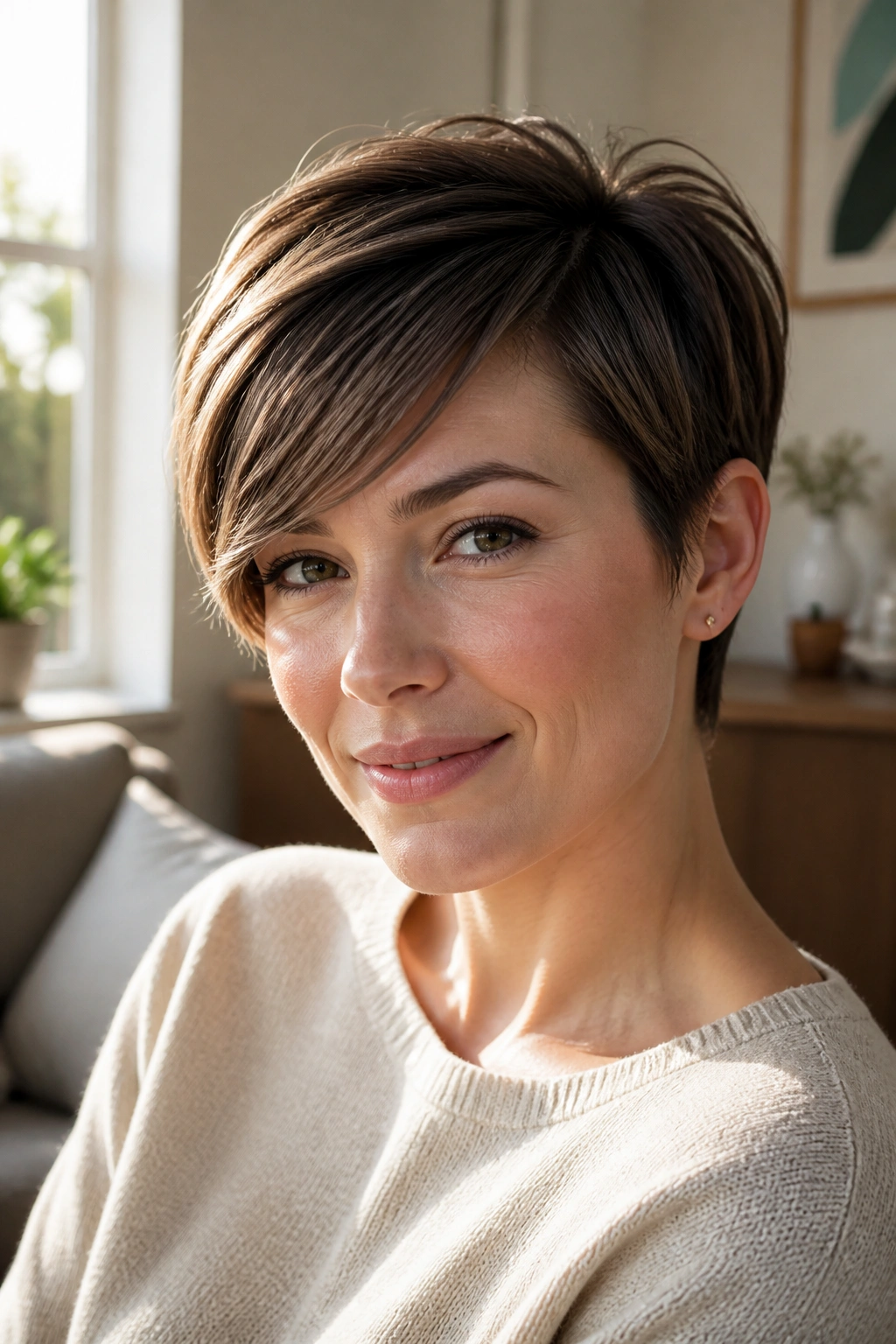 Close-up of a real woman with a pixie cut and side-swept bangs in warm window light.