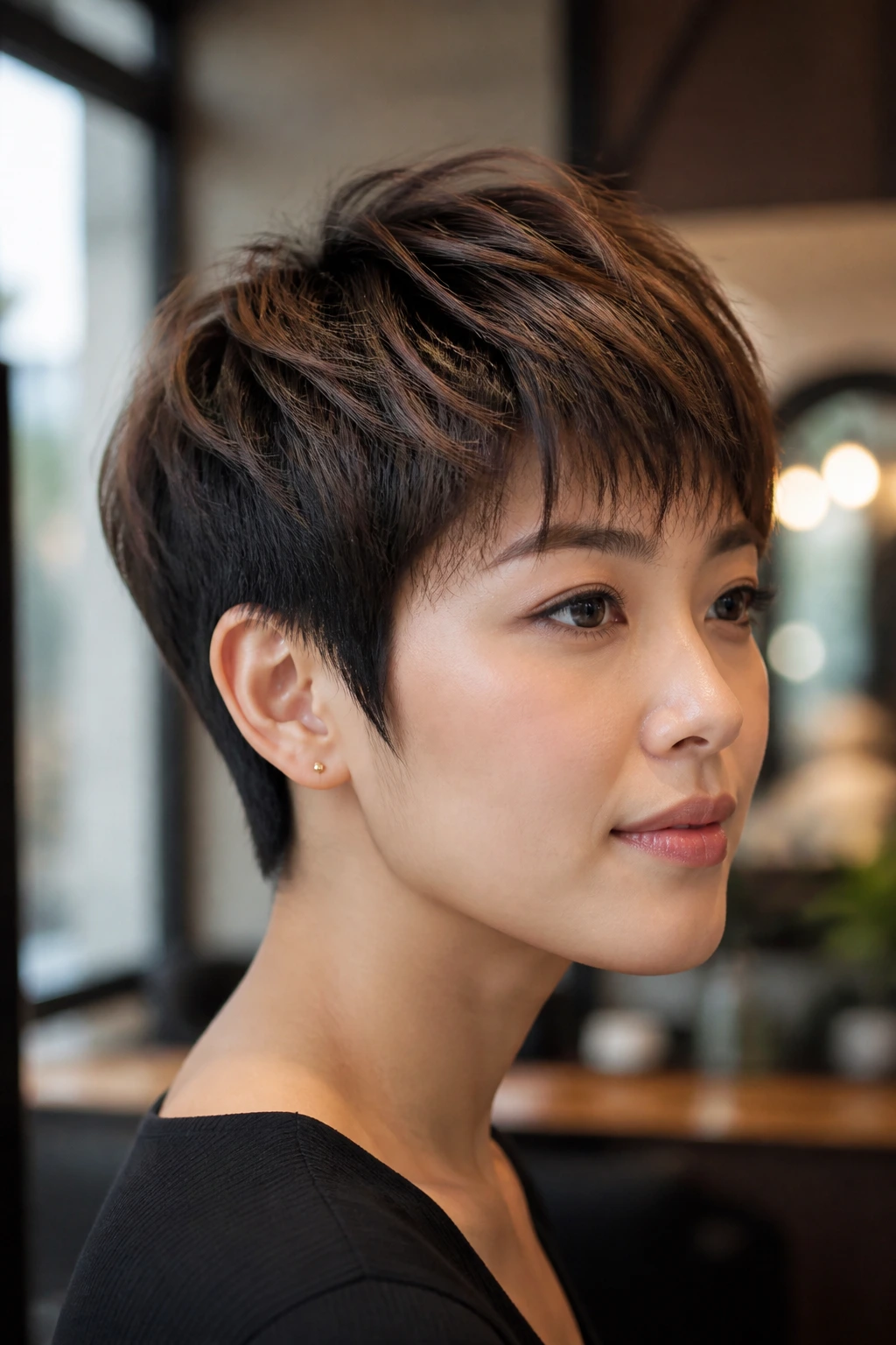 Close-up portrait of a real woman with a pixie cut featuring soft brown feathering around the crown and fringe in warm salon light