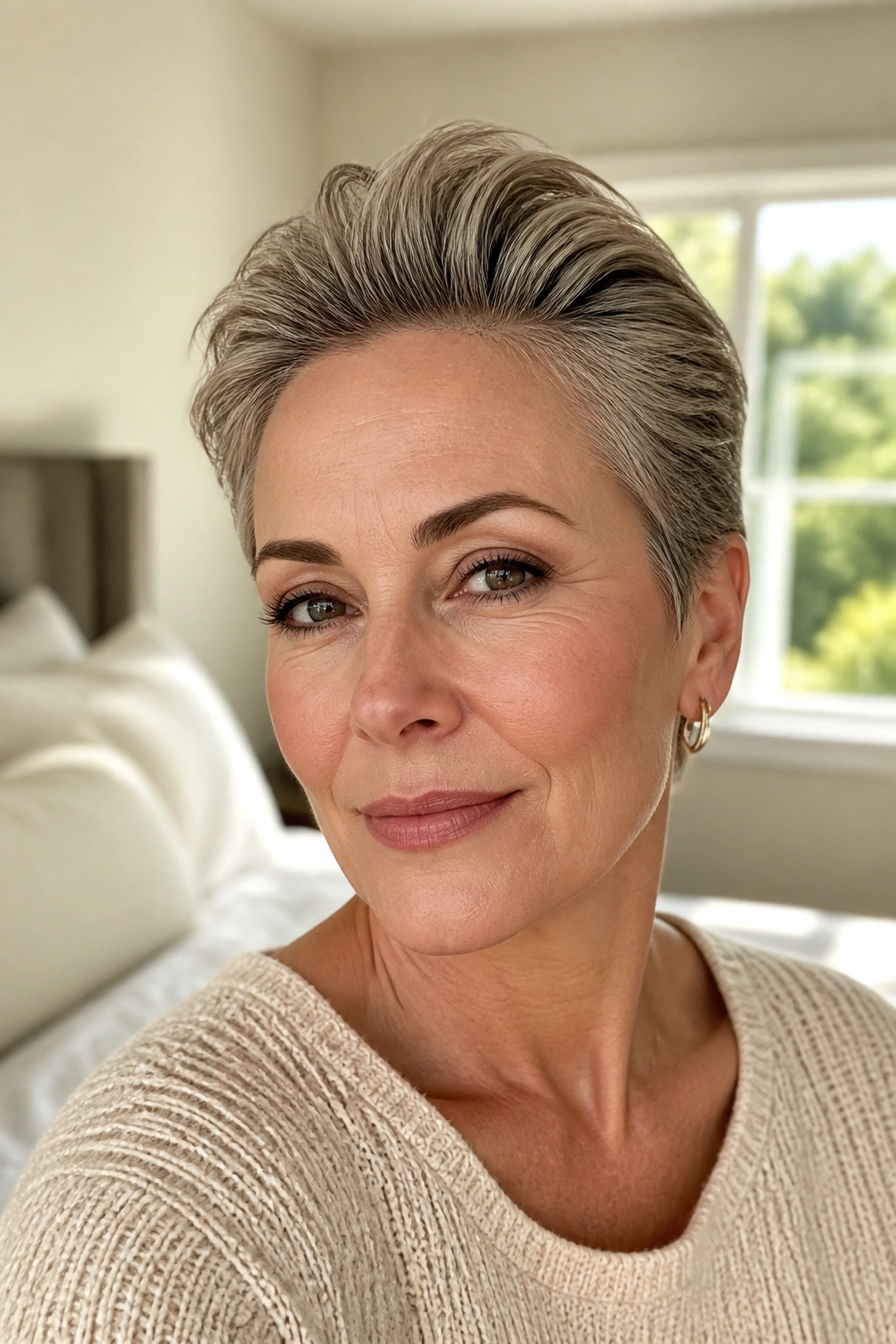 Close-up portrait of a real woman with a brushed-back pixie and lift at the front