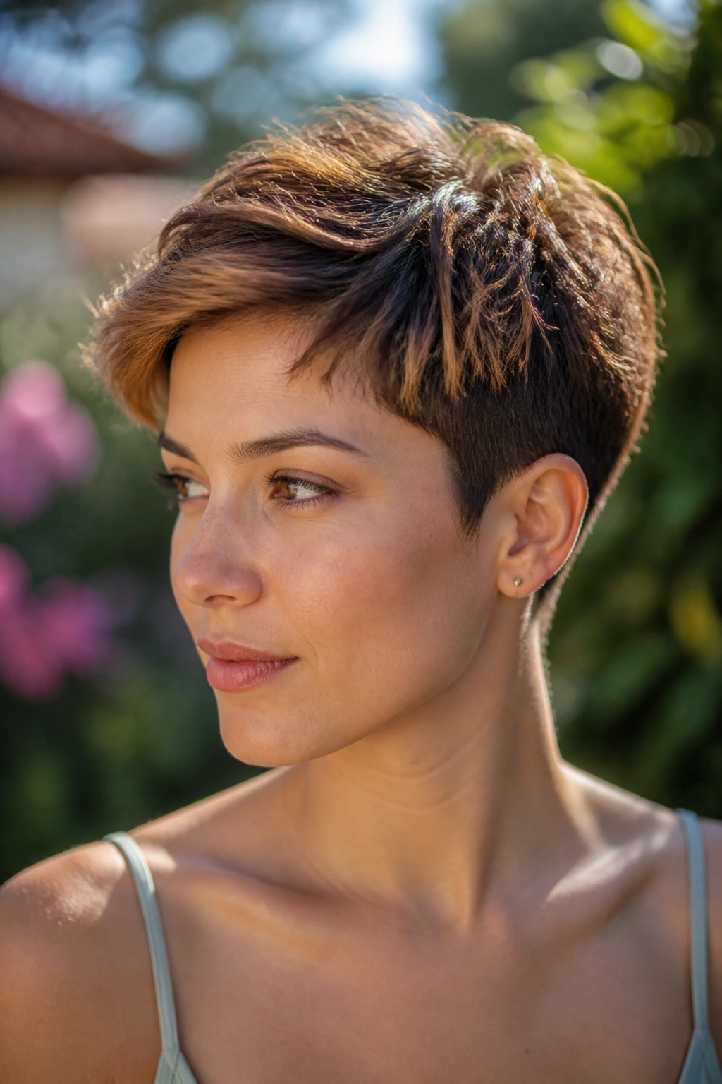 Close-up of a pixie cut with sunlit caramel tips