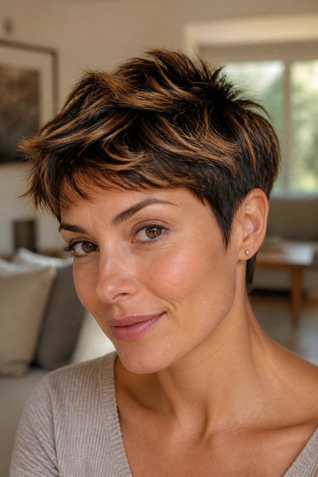 Close-up of a real woman with caramel-tipped pixie cut in warm light