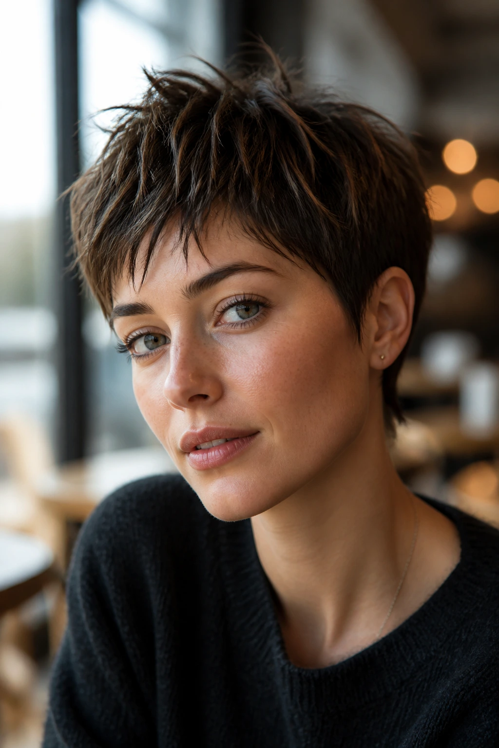 Close-up of a real woman with a pixie cut and choppy texture in a cafe setting.