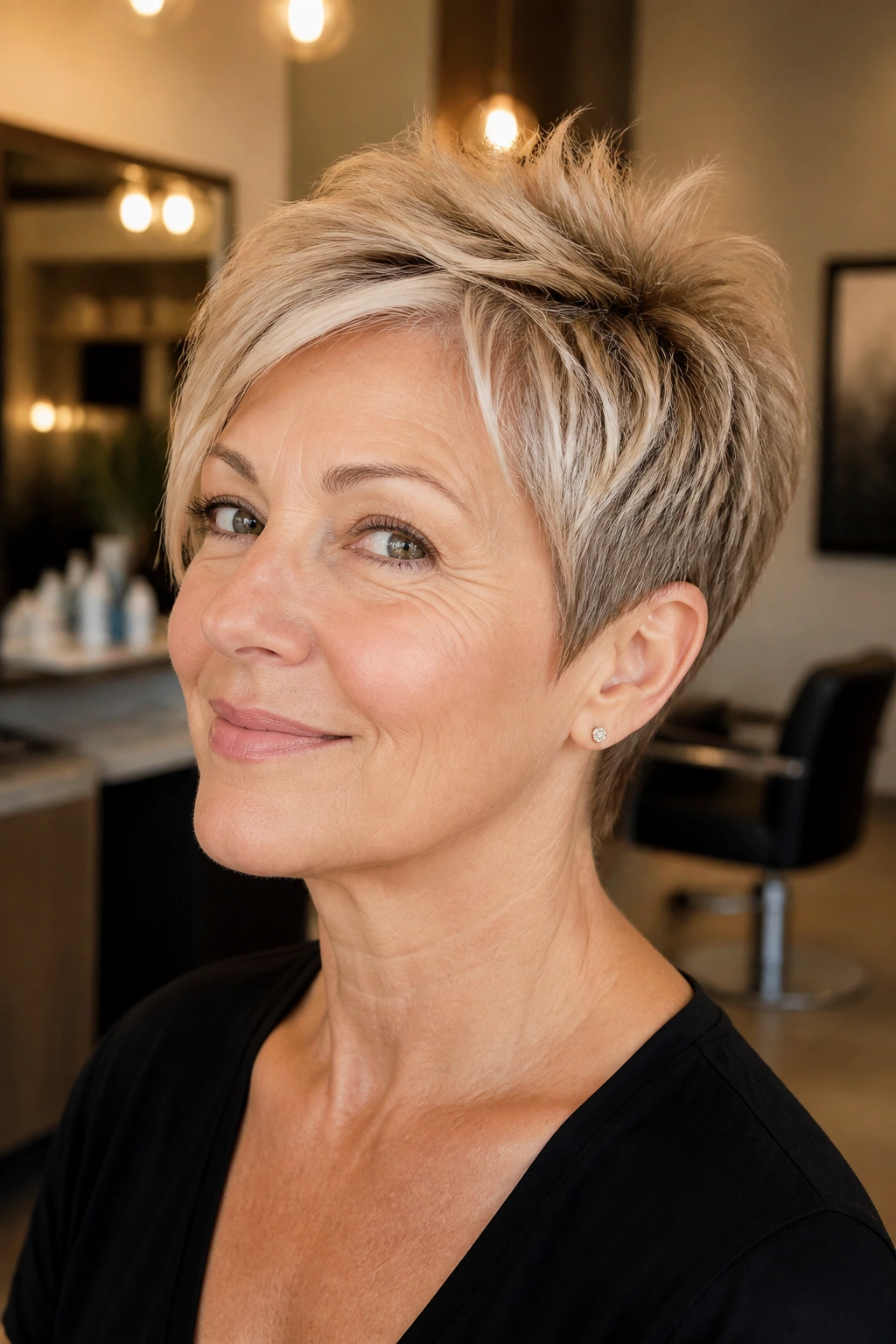 Portrait of a woman with a lifted-crown pixie cut