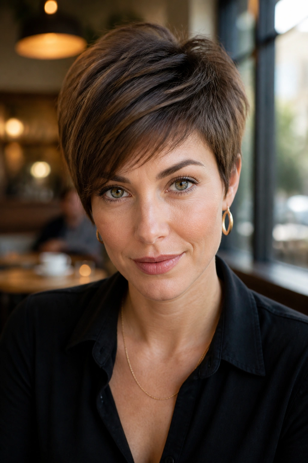 Close-up of a woman with a crown-lifted pixie and side fringe