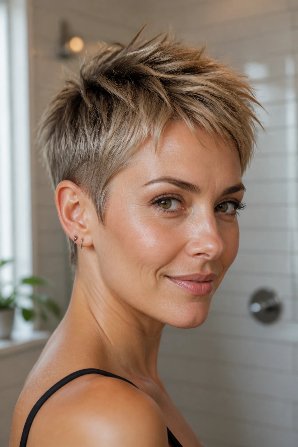 Close-up portrait of a real woman with a pixie cut and crown texture in warm window light