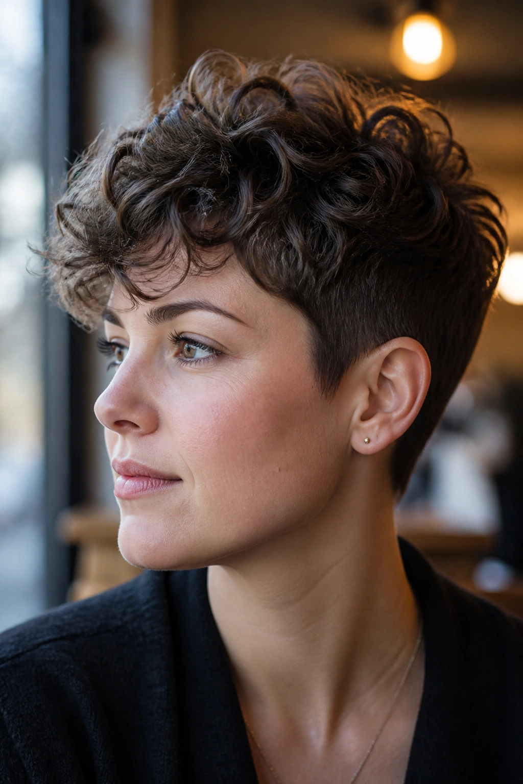 Close-up of a real woman with a pixie cut with soft curls on top