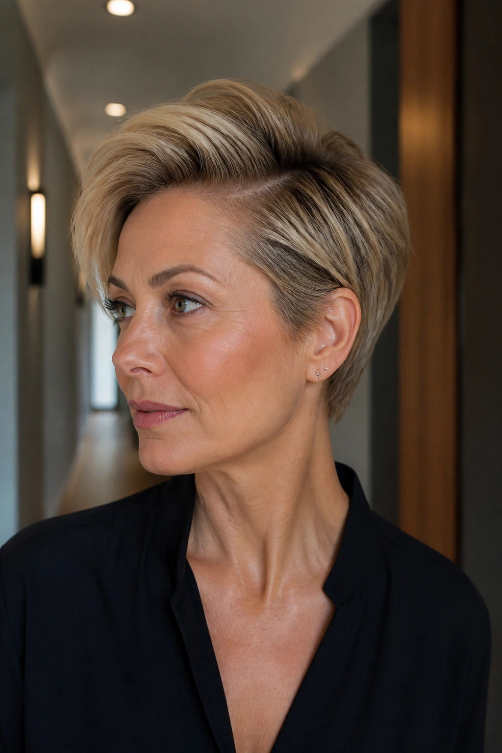 Portrait of a woman with a deep side part pixie and lift in a chic hallway.