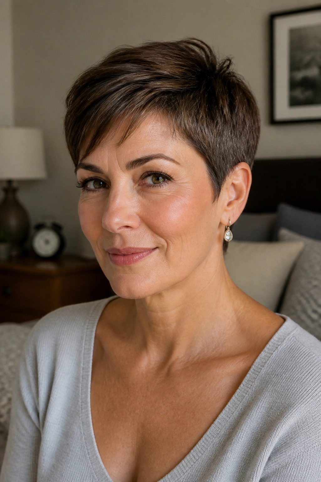 Close-up portrait of a real woman with an ear-tucked pixie, revealing earrings in a sunlit bedroom.