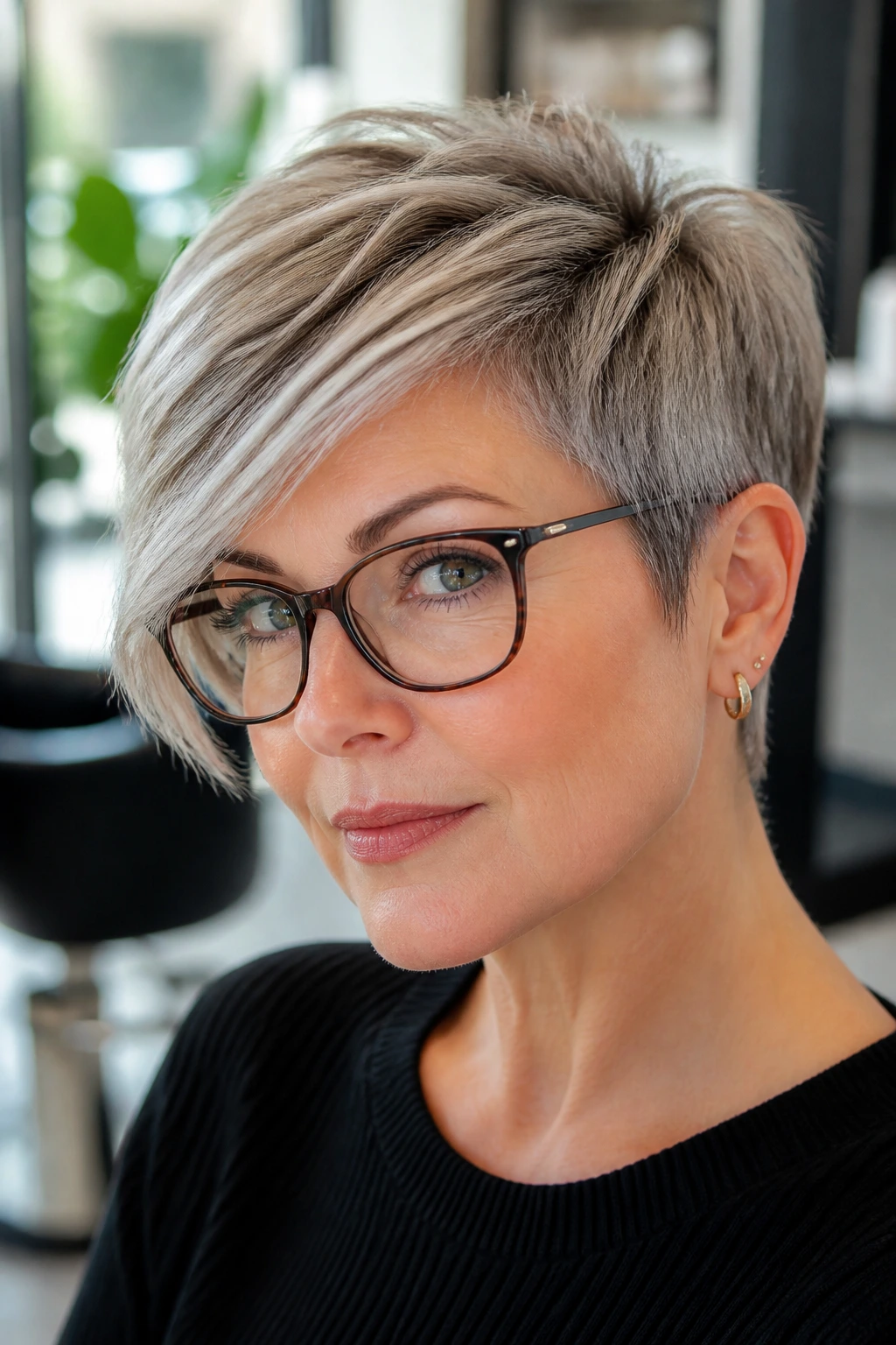 Close-up portrait of a woman with a face-framing pixie and swept top