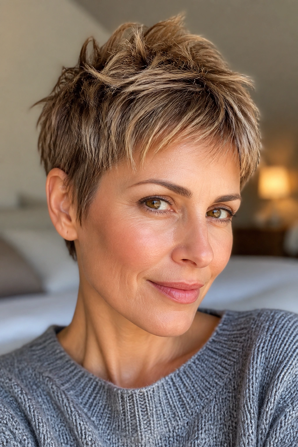 Close-up portrait of a real woman with a soft pixie cut and feathered edges in warm window light