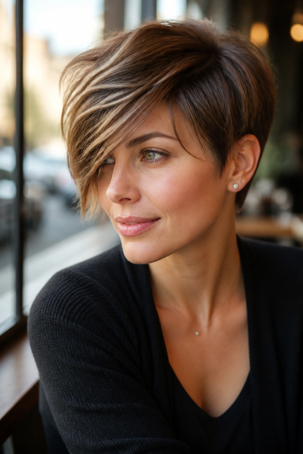 Portrait of a person with pixie cut and long fringe framing the face