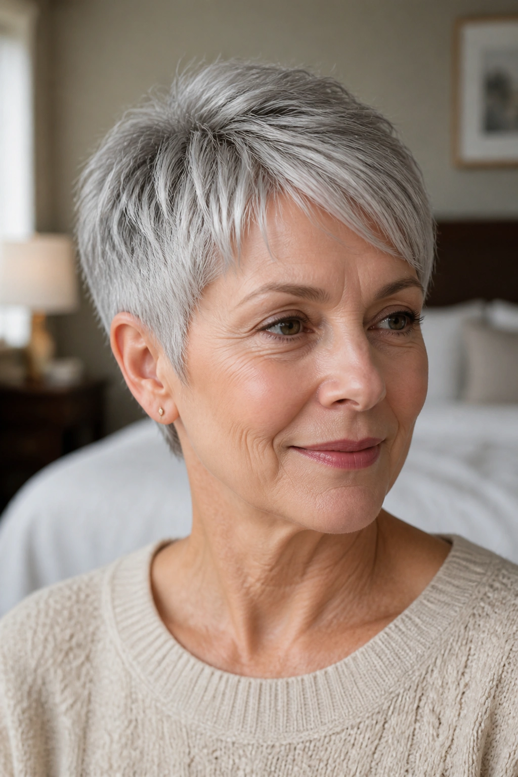 Close-up of an older woman with a soft pixie cut and gray hair