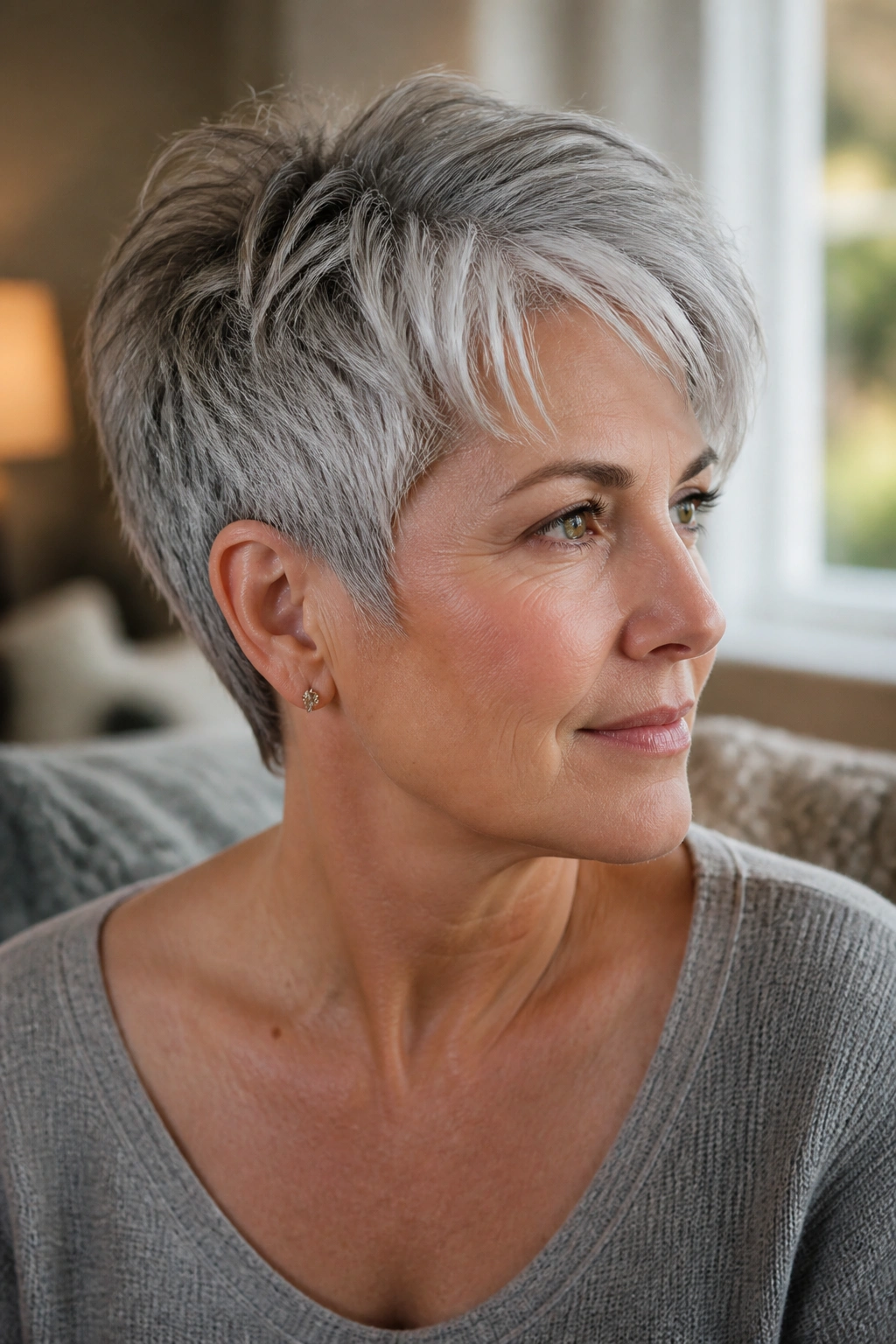 Close-up portrait of a real person with a crisp pixie cut in grey tones