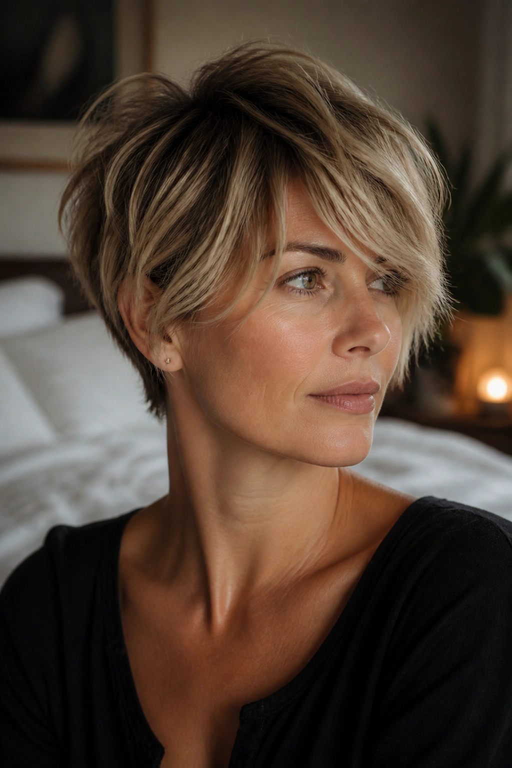 Close-up of a woman with a grown-out pixie and long bangs in a cozy bedroom