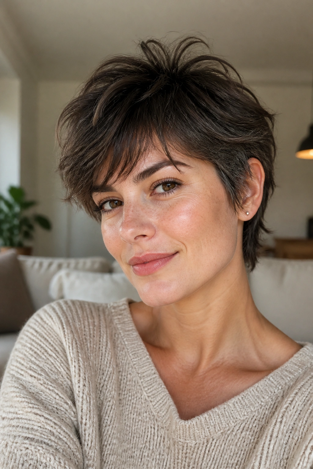 Close-up of real woman with grown-out messy pixie in cozy living room lighting