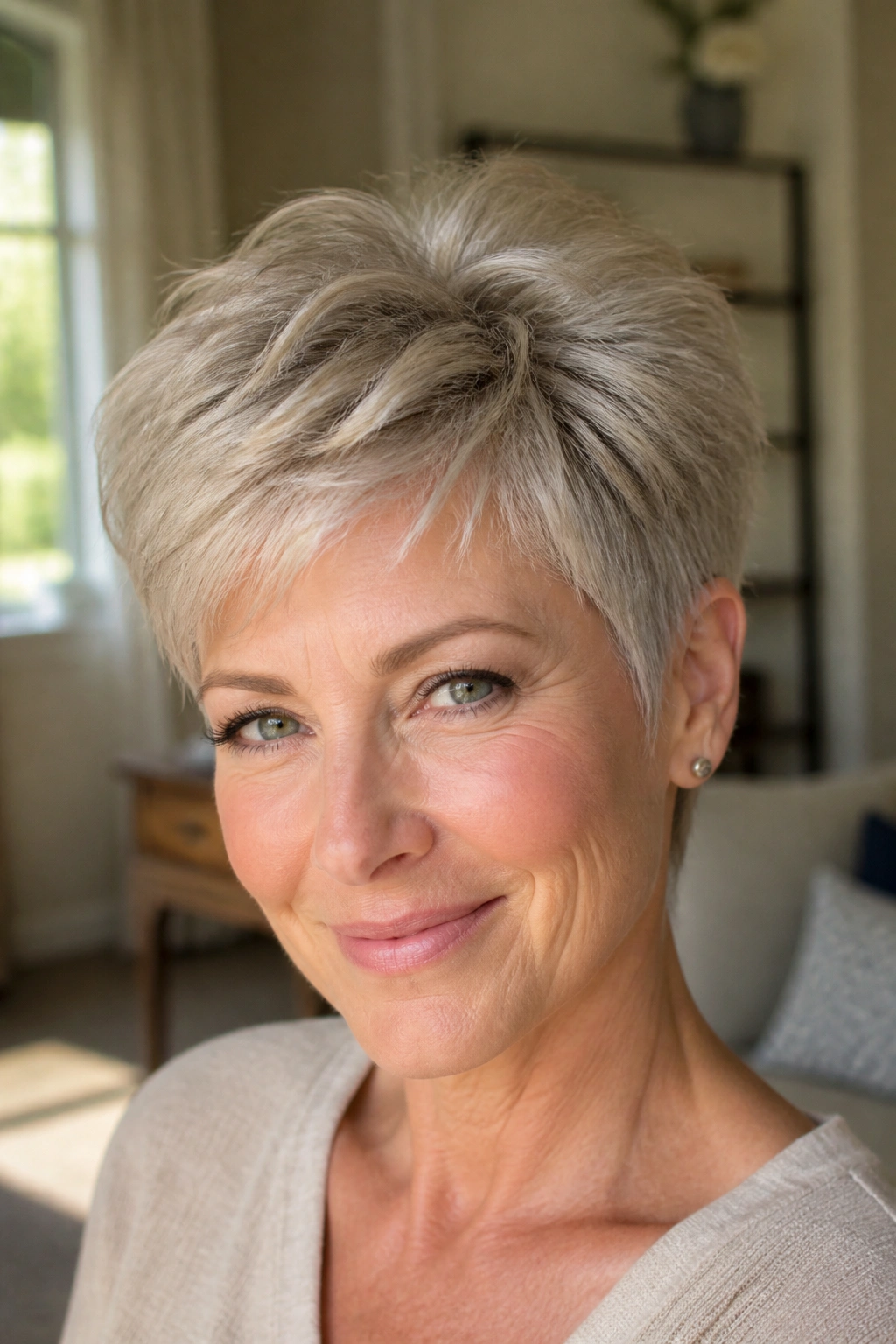 Close-up of a real woman with Soft Layered Pixie With Feathered Crown, airy crown layers