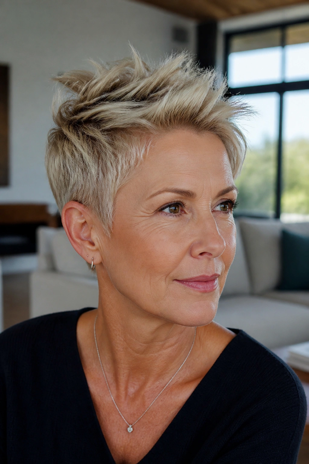 Close-up portrait of a woman with a spiky pixie hairstyle and lifted texture in a bright living room.