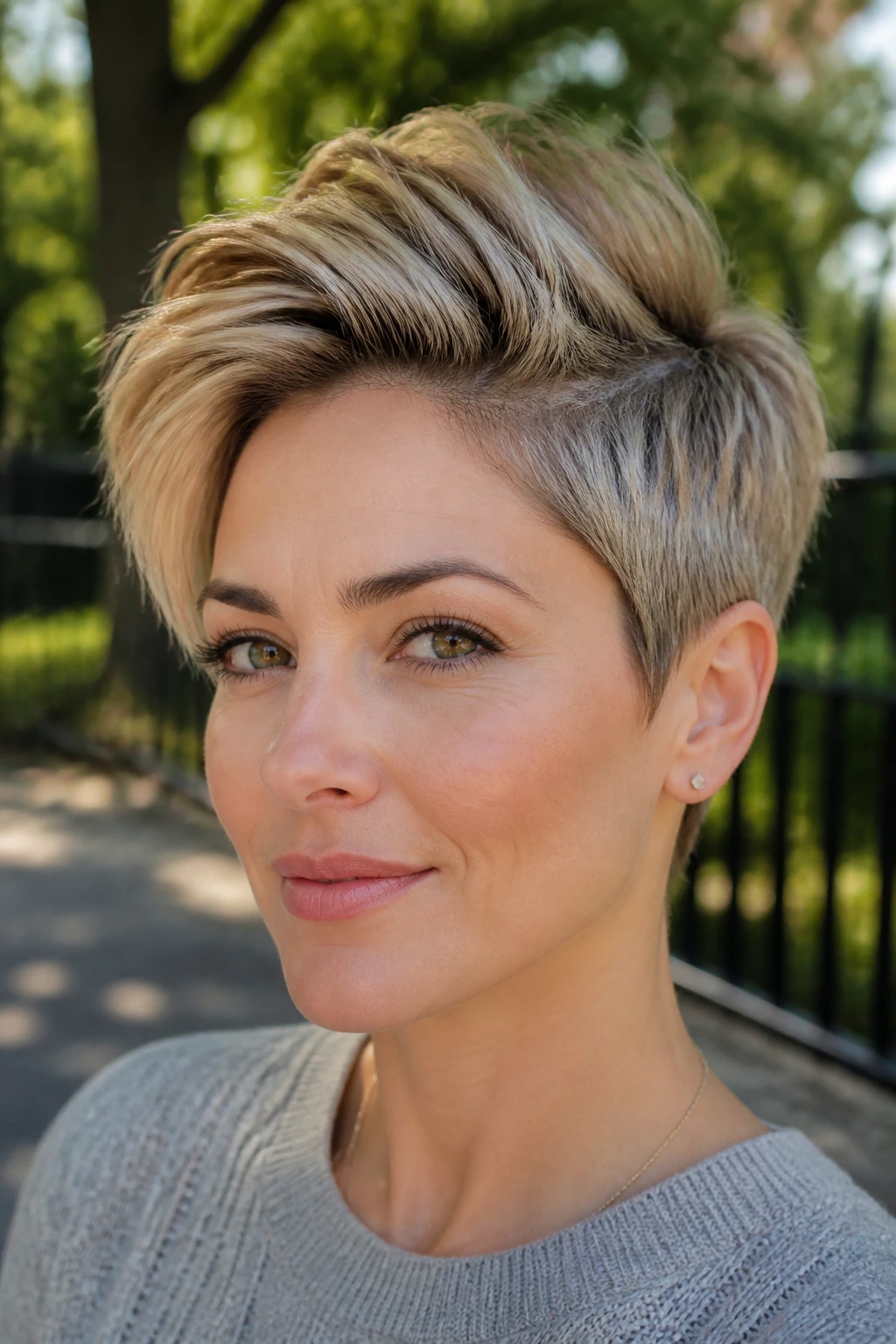 Close-up of real woman with pixie cut and long crown
