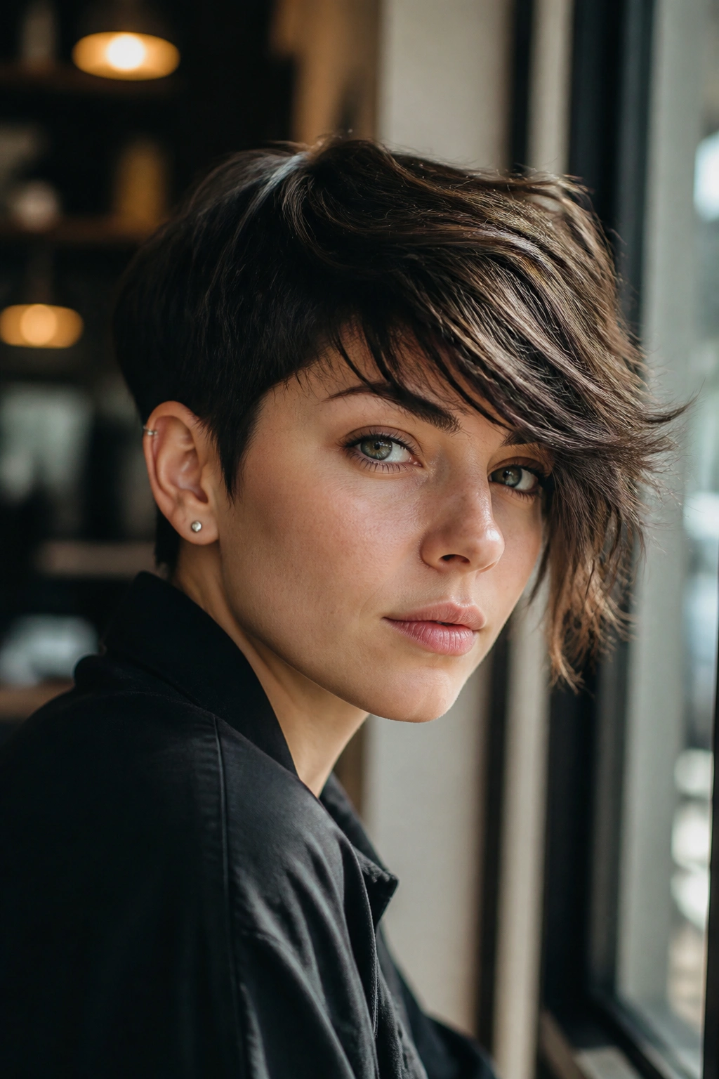 Close-up of a real person with a pixie cut and long side sweeps.
