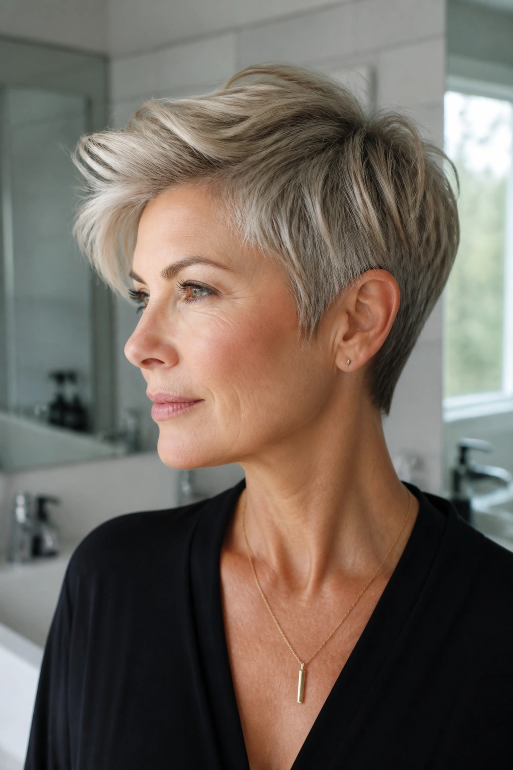 Close-up of a real woman with an ear-length pixie and long top.