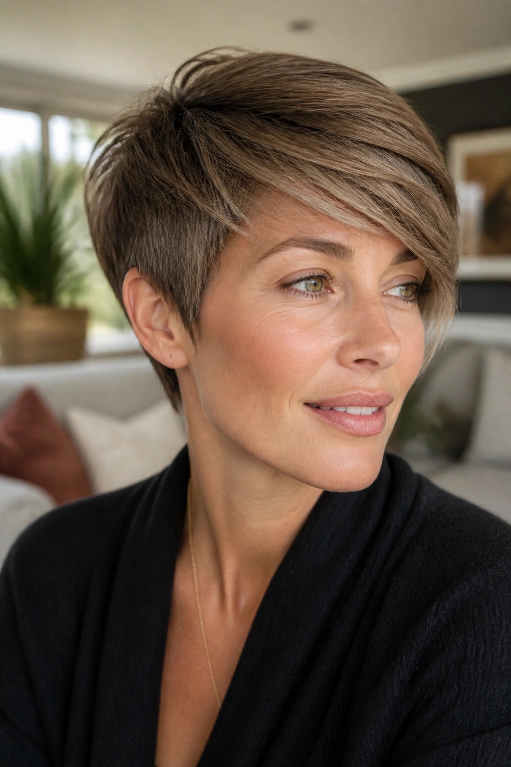 Close-up of real woman with long-top pixie cut and ear-length sides in natural window light