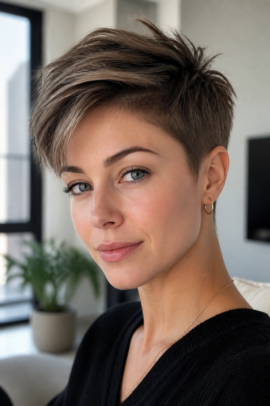 Close-up portrait of a real person with a pixie cut featuring a 2-3 inch long top, swept to the side.