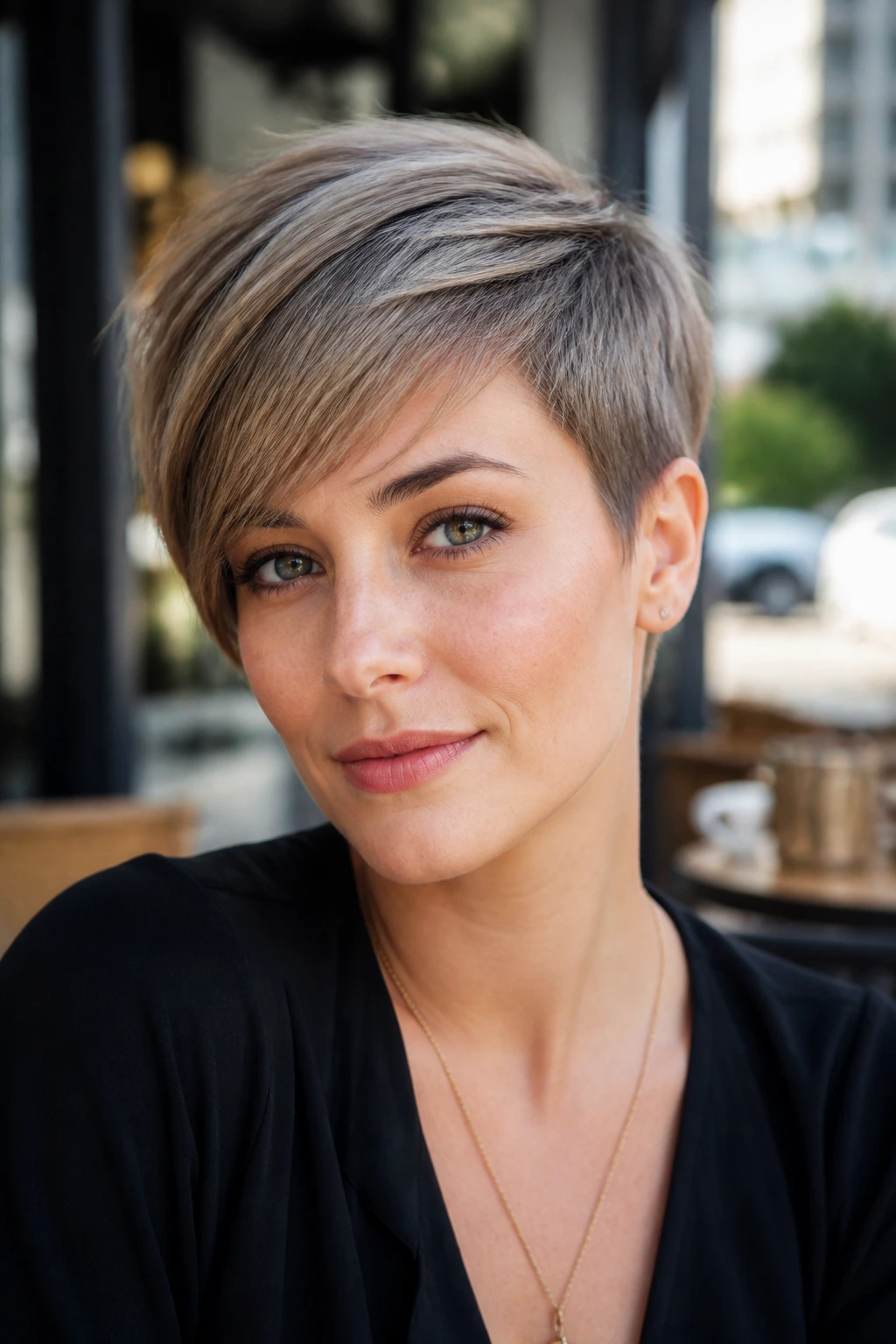 Close-up portrait of a real woman with a long-top pixie cut swept to the side