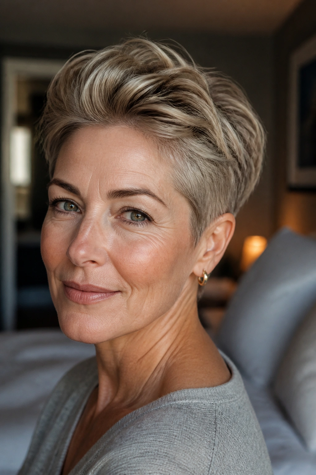 Close-up portrait of a real woman with a pixie cut and longer crown