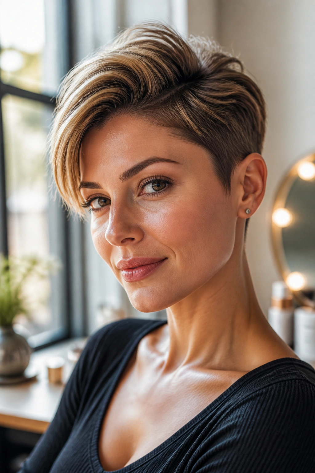 Close-up of a woman with pixie cut long top swept to the side
