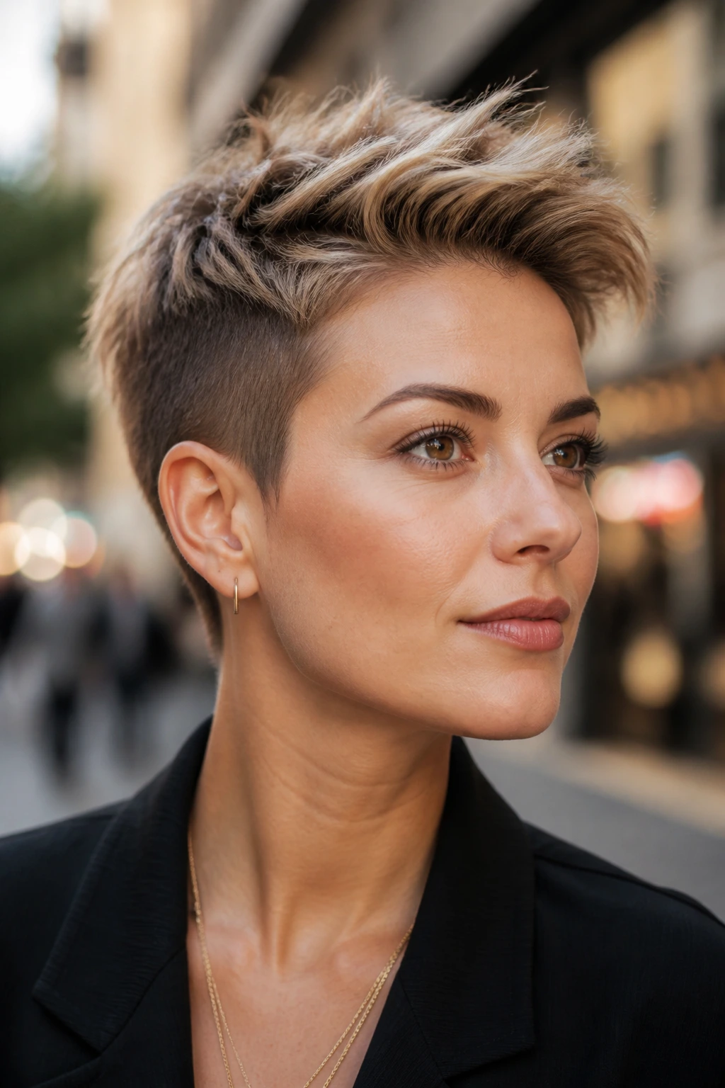 Close-up of a real woman with a pixie cut and longer top