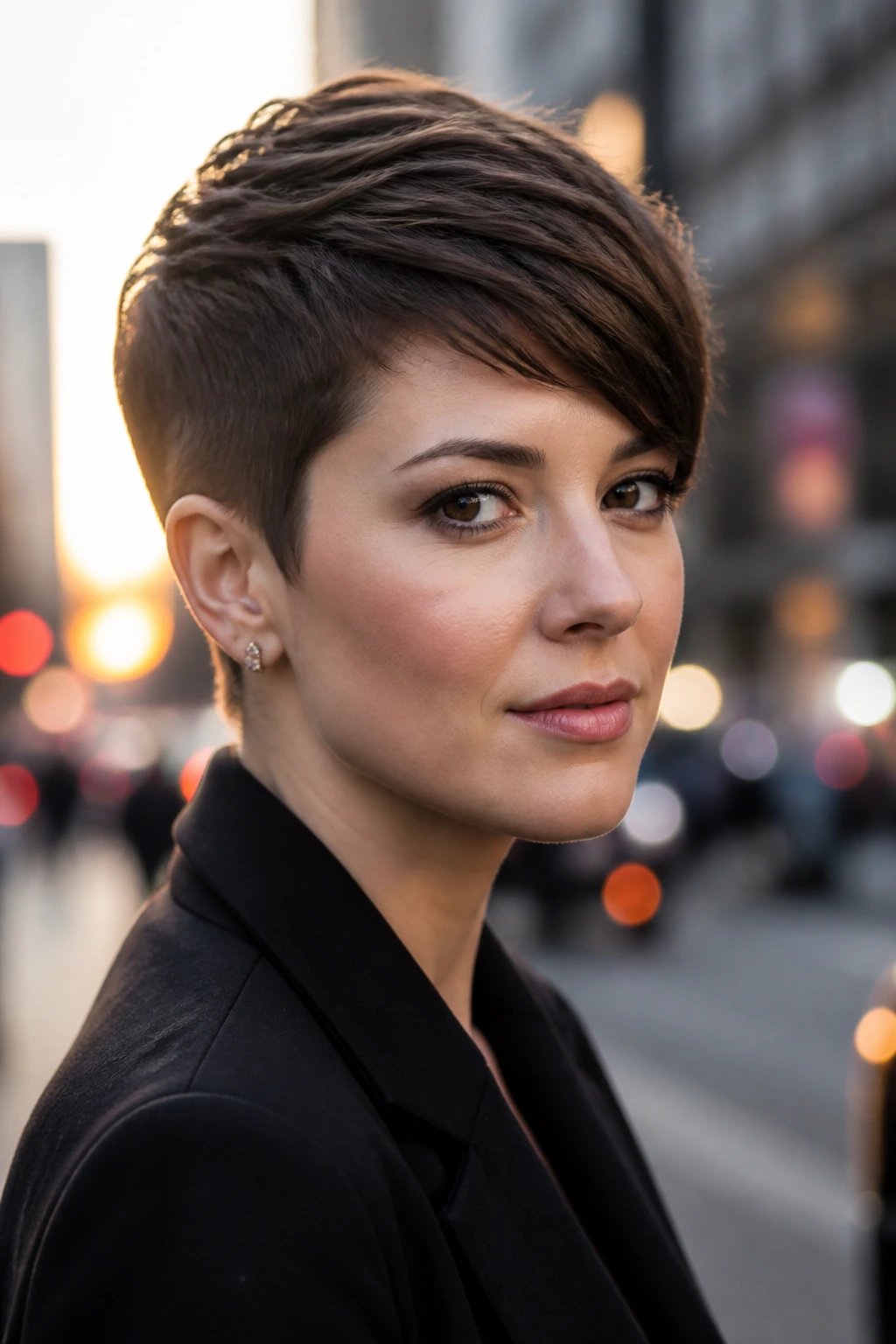 Close-up of a real woman with a pixie cut featuring a longer top on an urban street.
