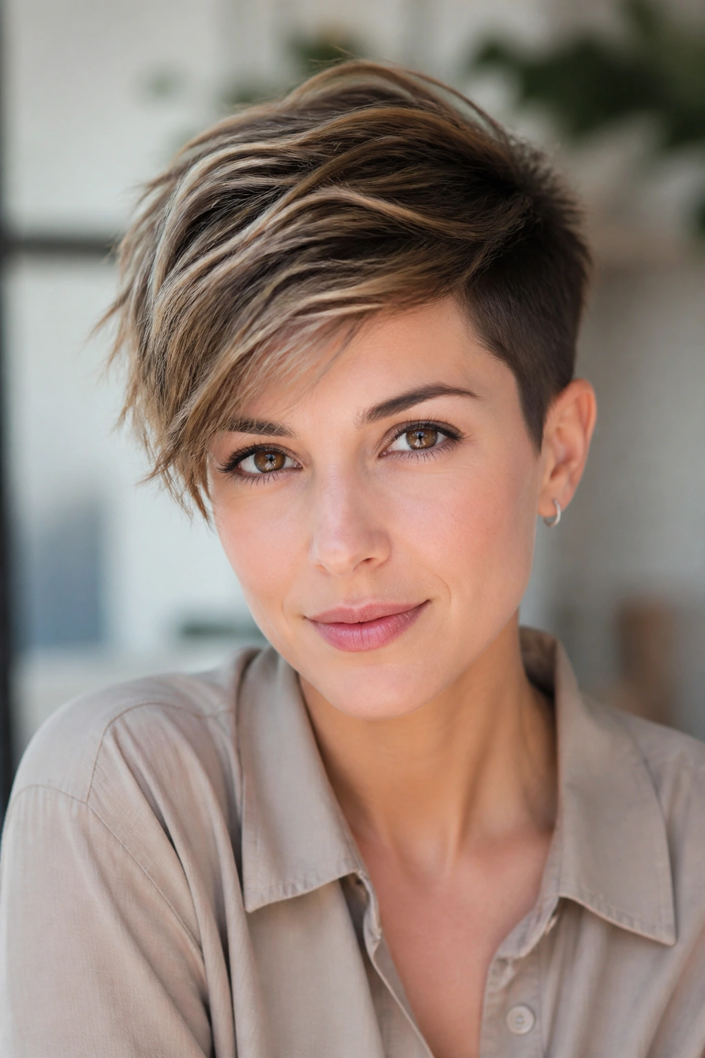 Close-up portrait of a real person with a pixie cut and a longer top