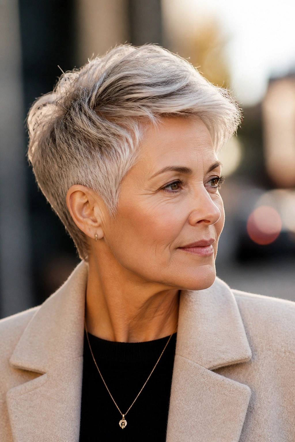 Close-up of a mature woman with pixie cut with longer top in outdoor light
