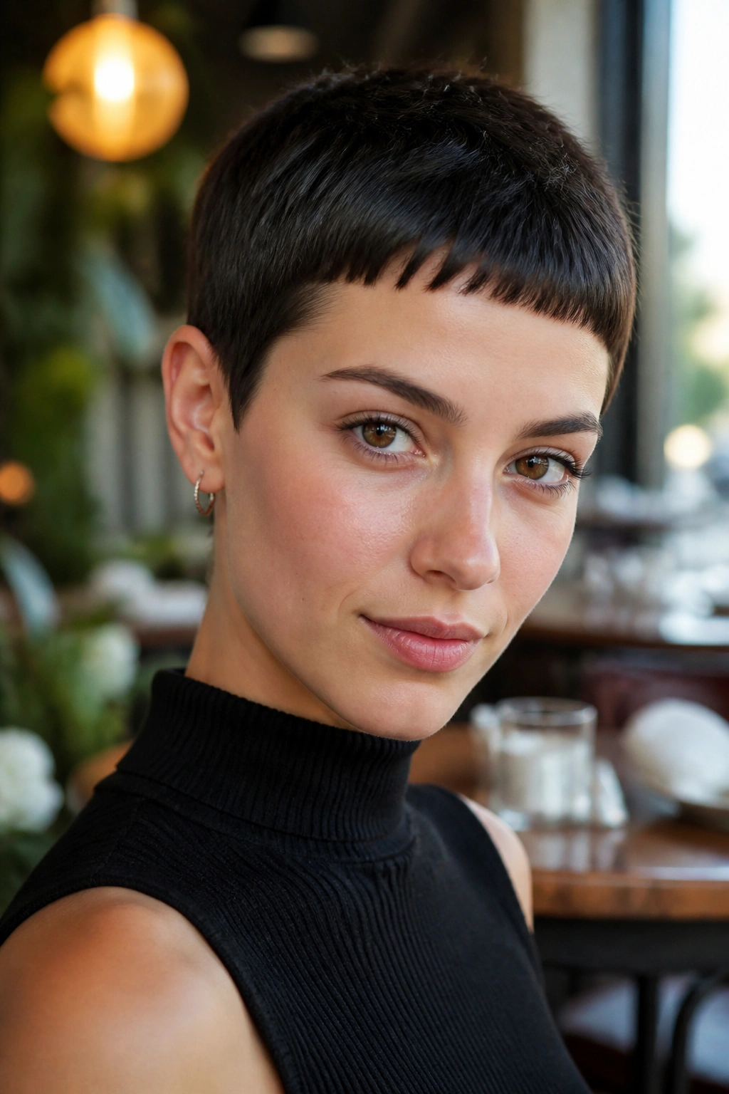 Close-up of a woman with a pixie cut and micro bangs