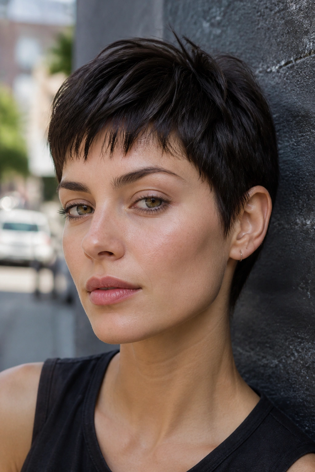Close-up of real woman with micro-fringe pixie showing segmented top hair against brick wall