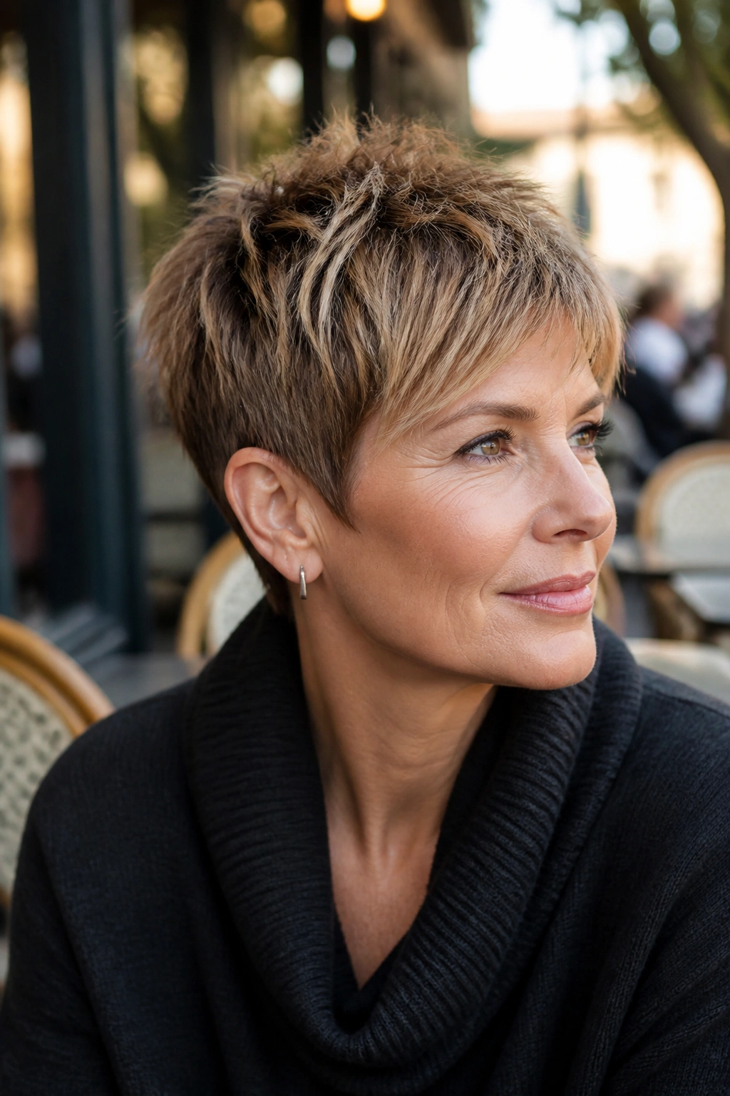 Close-up portrait of a real woman with a piecey pixie cut in daylight