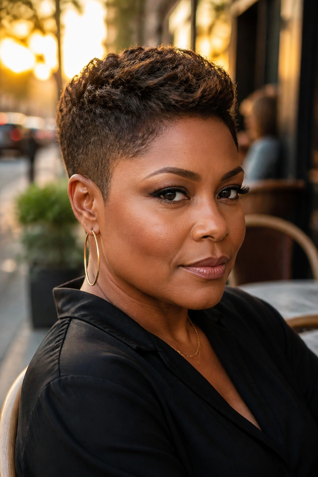 Close-up of a real woman with a pixie cut and tapered sides