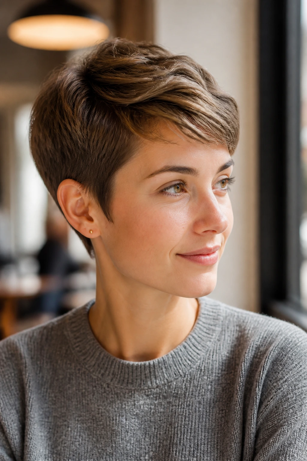 Close-up of a real person with a pixie cut in a sunlit cafe